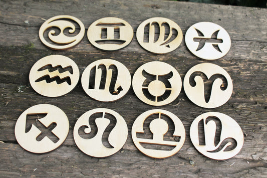 Zodiac pendants, set of 12 zodiac pendants - laser cut zodiac pendant - plywood zodiac set- unfinished zodiac pendant