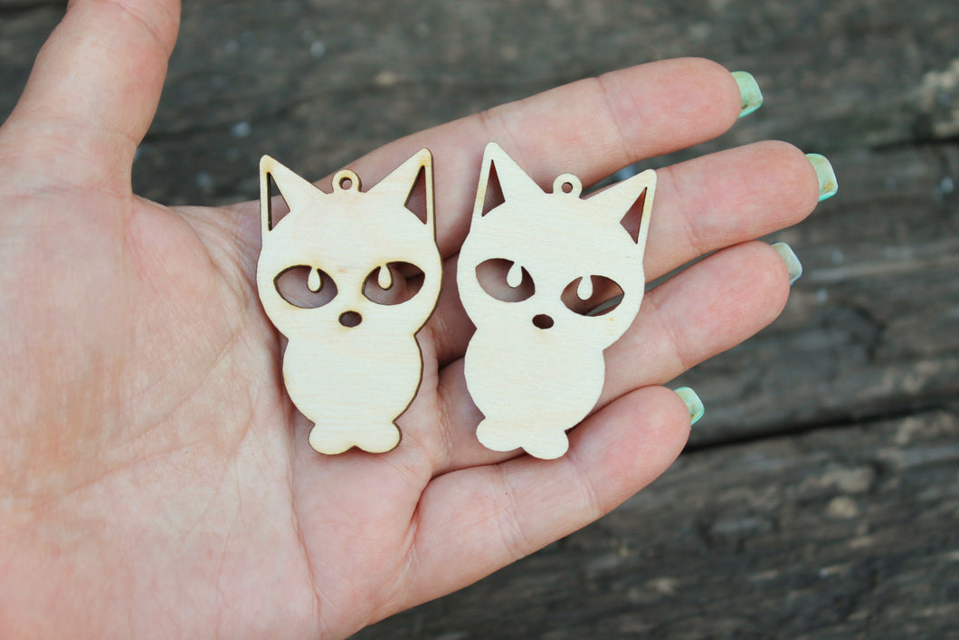 SET OF 2 - Wooden cats pendant/earrings base for jewelry making - 2 inches, unfinished jewel base, jewel supply, wooden pendant