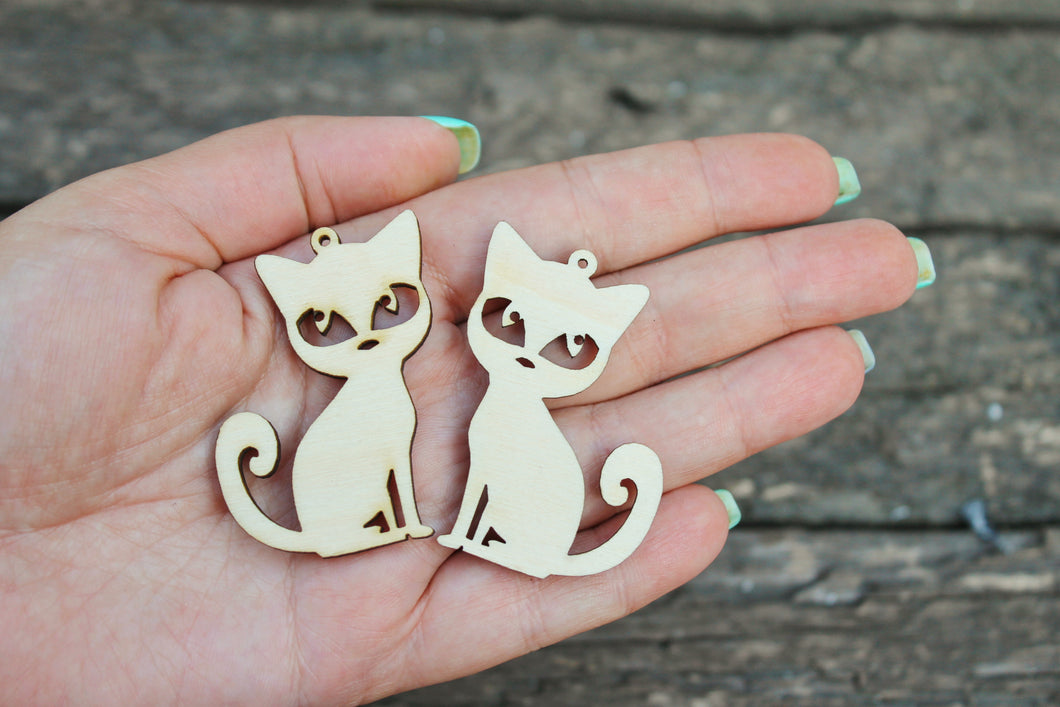 SET OF 2 - Wooden cats pendant/earrings base for jewelry making - 2 inches, unfinished jewel base, jewel supply, wooden pendant-1