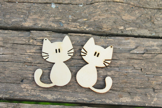 SET OF 2 - Wooden cats pendant/earrings base for jewelry making - 2 inches, unfinished jewel base, jewel supply, wooden pendant-2