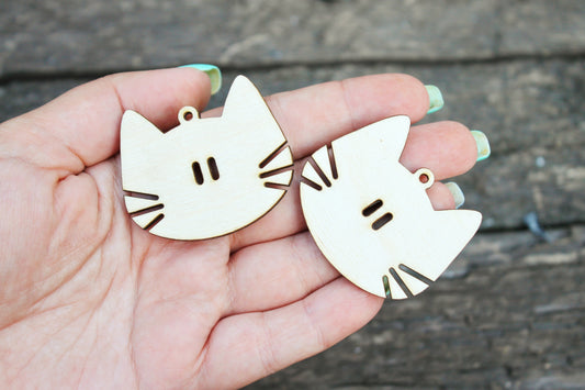 SET OF 2 - Wooden cats pendant/earrings base for jewelry making - 2 inches, unfinished jewel base, jewel supply, wooden pendant-3