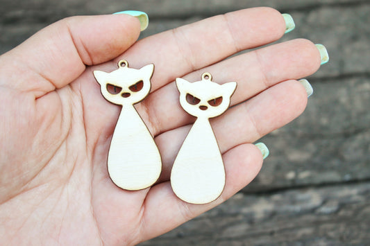 SET OF 2 - Wooden cats pendant/earrings base for jewelry making - 2 inches, unfinished jewel base, jewel supply, wooden pendant-4