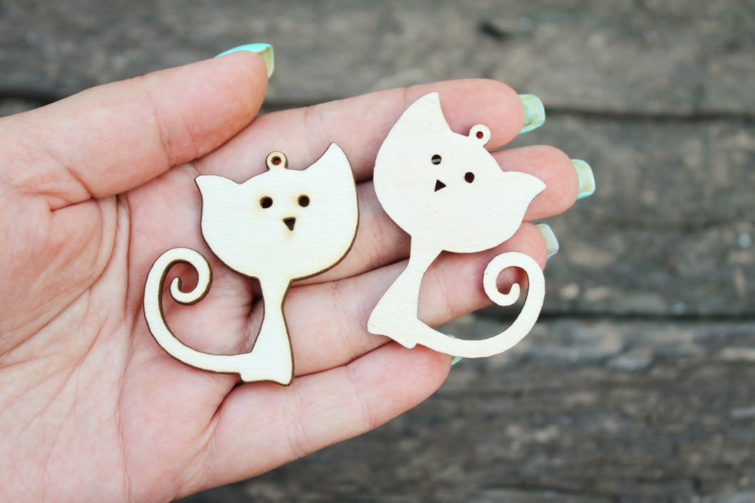 SET OF 2 - Wooden cats pendant/earrings base for jewelry making - 2 inches, unfinished jewel base, jewel supply, wooden pendant-5