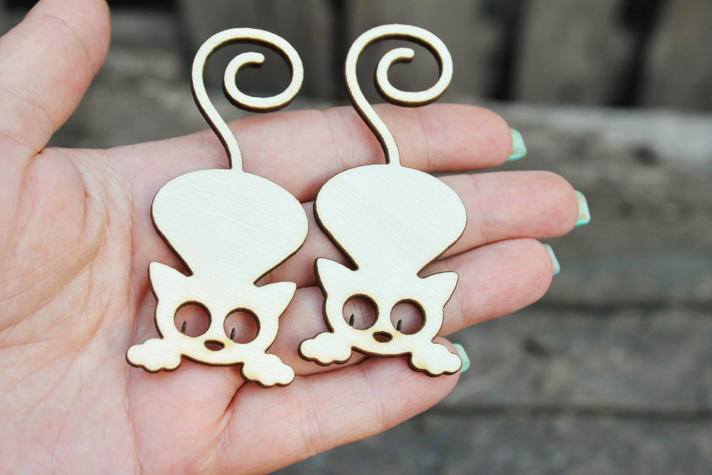 SET OF 2 - Wooden cats pendant/earrings base for jewelry making - 3.1 inches, unfinished jewel base, jewel supply, wooden pendant-9