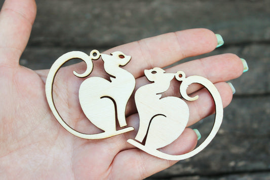 SET OF 2 - Wooden cats pendant/earrings base for jewelry making - 2 inches, unfinished jewel base, jewel supply, wooden pendant-10