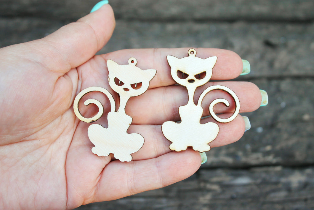 SET OF 2 - Wooden cats pendant/earrings base for jewelry making - 2 inches, unfinished jewel base, jewel supply, wooden pendant-13