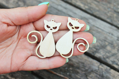 SET OF 2 - Wooden cats pendant/earrings base for jewelry making - 2 inches, unfinished jewel base, jewel supply, wooden pendant-14