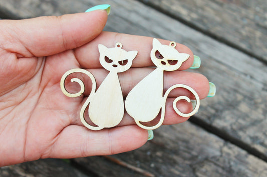 SET OF 2 - Wooden cats pendant/earrings base for jewelry making - 2 inches, unfinished jewel base, jewel supply, wooden pendant-14