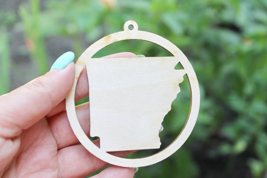 Arkansas state pendant - Laser Cut - unfinished blank - 3.1 inches - Arkansas Map Inside Circle