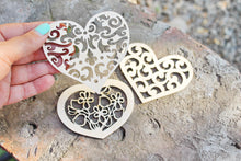 Load image into Gallery viewer, Christmas tree wooden decorative laser cut hearts, set of 3 - laser cut Christmas décor - unfinished New year décor
