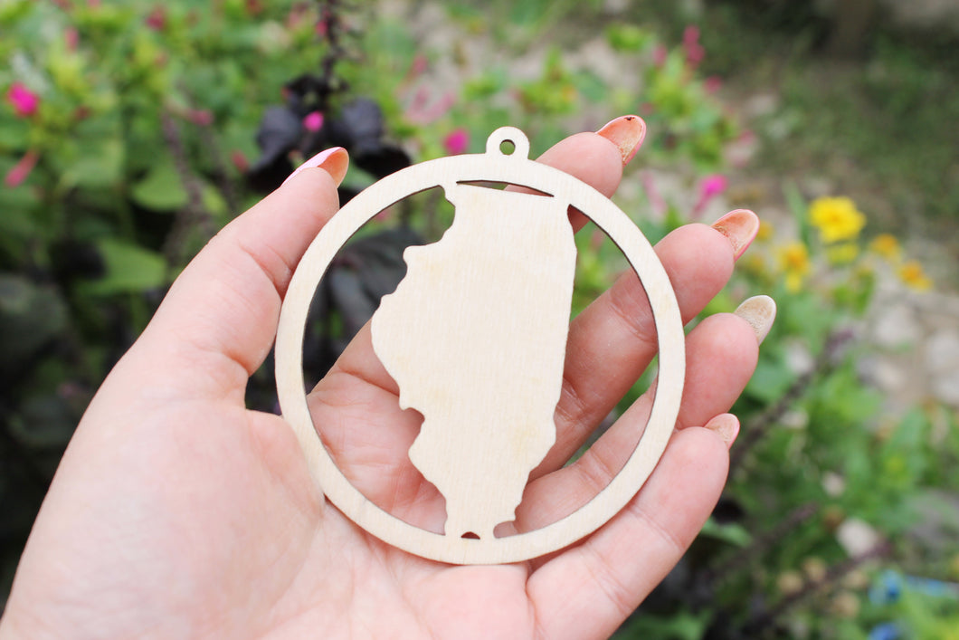 Illinois state round pendant - Laser Cut - unfinished blank - 3.1 inches - Illinois Map Inside Circle