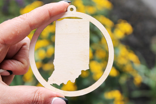 Indiana state round pendant - Laser Cut - unfinished blank - 3.1 inches - Indiana Map Inside Circle