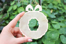 Load image into Gallery viewer, Christmas cross stitch wreath - Christmas tree present - Cross stitch big blank 100 mm (3.9 inches) - wooden cross stitch blank
