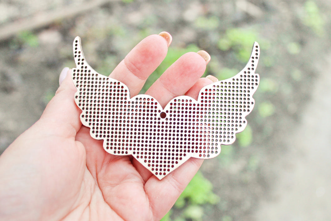 Heart with wings blank - Cross stitch pendant blank 3.9 inches - blanks Wood Needlecraft Pendant - wooden cross stitch blank