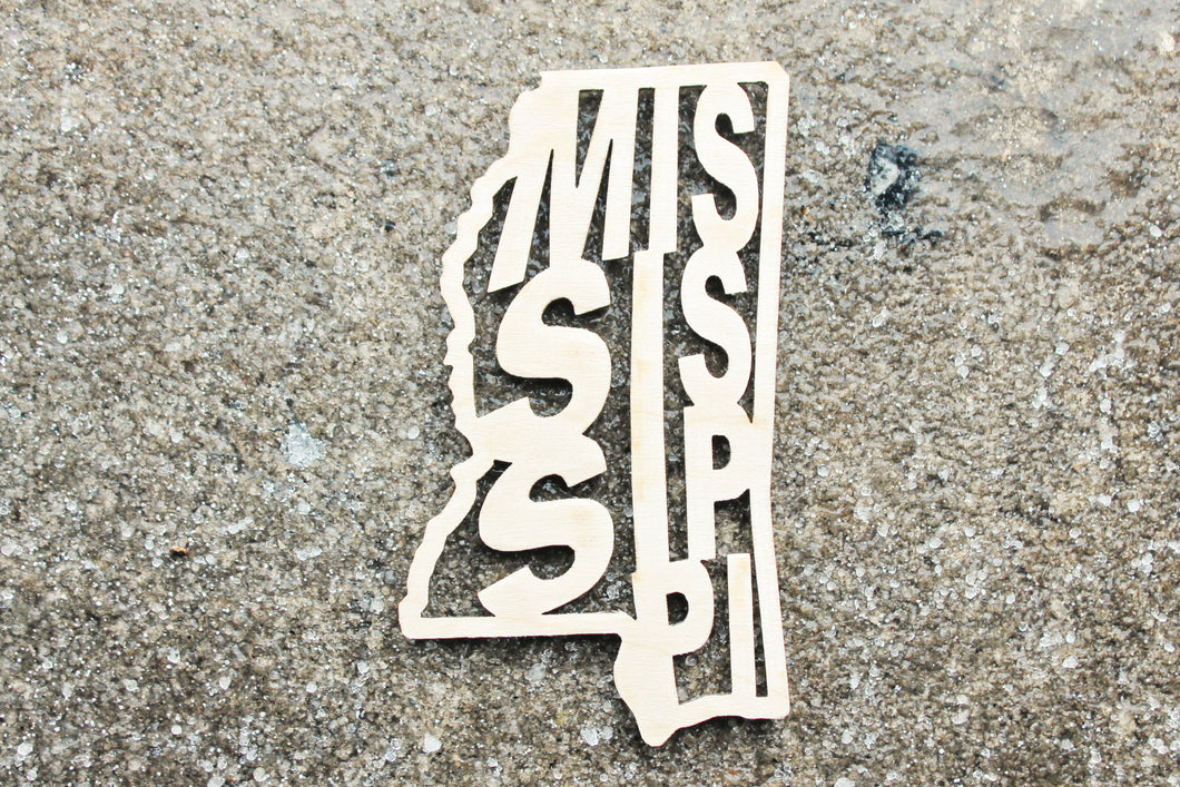 Mississippi state inscription - Laser Cut - unfinished blank - 3.5 inches - Mississippi Map Shape Text, Pattern, Stencil, Outline