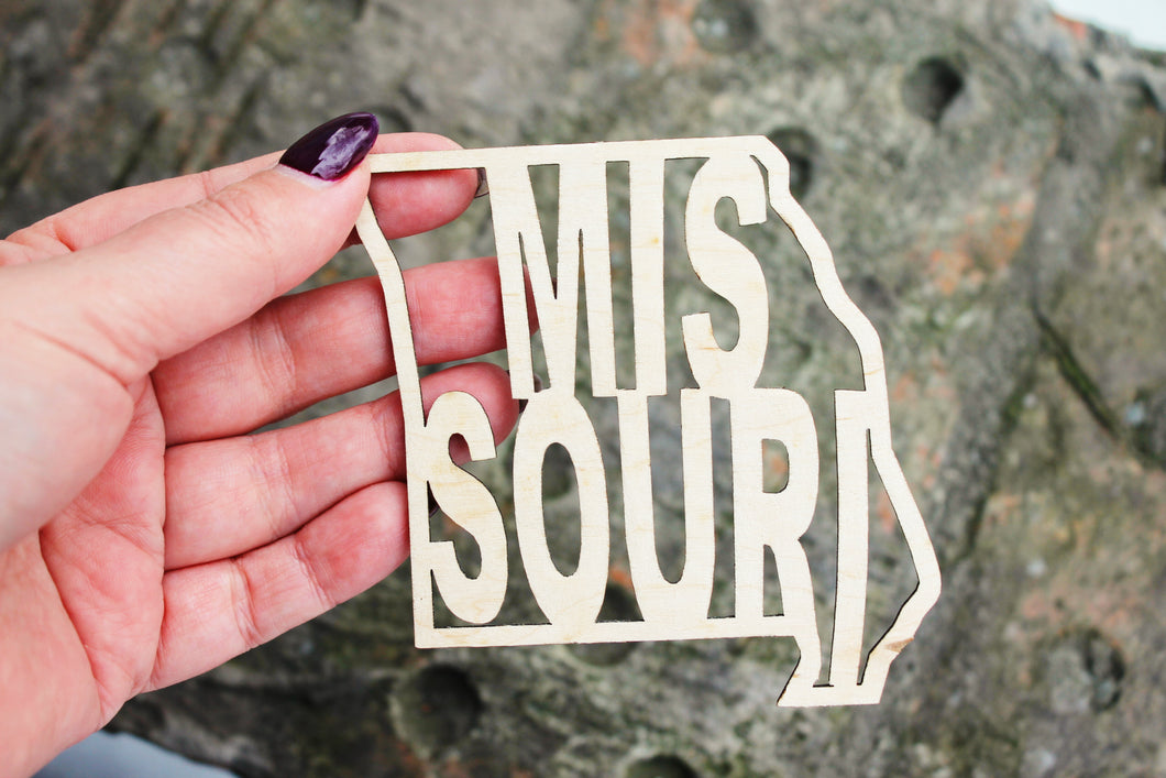 Missouri state inscription - Laser Cut - unfinished blank - 3.7 inches - Missouri Map Shape Text, Pattern, Stencil, Outline