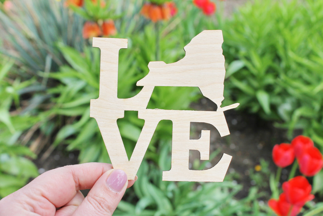 New York -LOVE state inscription - Laser Cut - unfinished blank - 4 inches - New York Map Shape Text, Pattern, Stencil, Outline