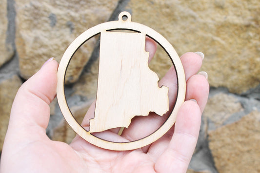 Rhode Island state pendant - Laser Cut - unfinished blank - 3.1 inches - Rhode Island Map Inside Circle