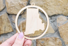 Load image into Gallery viewer, Rhode Island state pendant - Laser Cut - unfinished blank - 3.1 inches - Rhode Island Map Inside Circle
