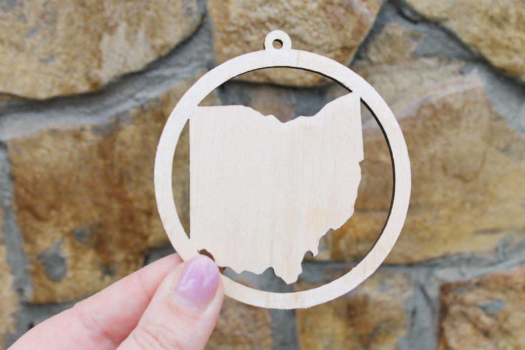 Ohio state pendant - Laser Cut - unfinished blank - 3.1 inches - Ohio Map Inside Circle