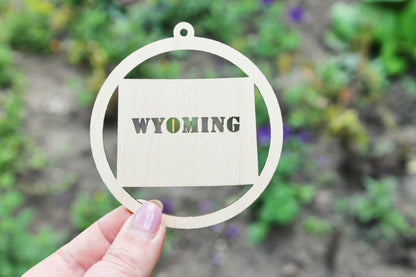 Wyoming state pendant - Laser Cut - unfinished blank - 3.1 inches - Wyoming Map Inside Circle