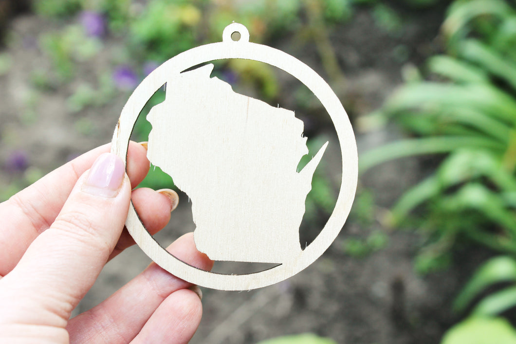 Wisconsin state pendant - Laser Cut - unfinished blank - 3.1 inches - Wisconsin Map Inside Circle