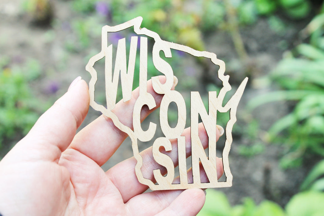 Wisconsin state wooden inscription - Laser Cut - unfinished blank - 3.9 inches - Wisconsin Map Shape Text