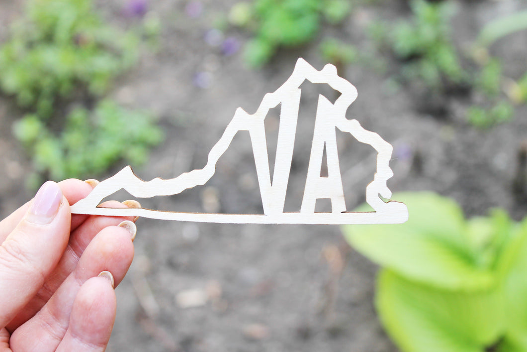 Virginia state wooden inscription - Laser Cut - unfinished blank - 4.7 inches - Virginia Map Shape Text