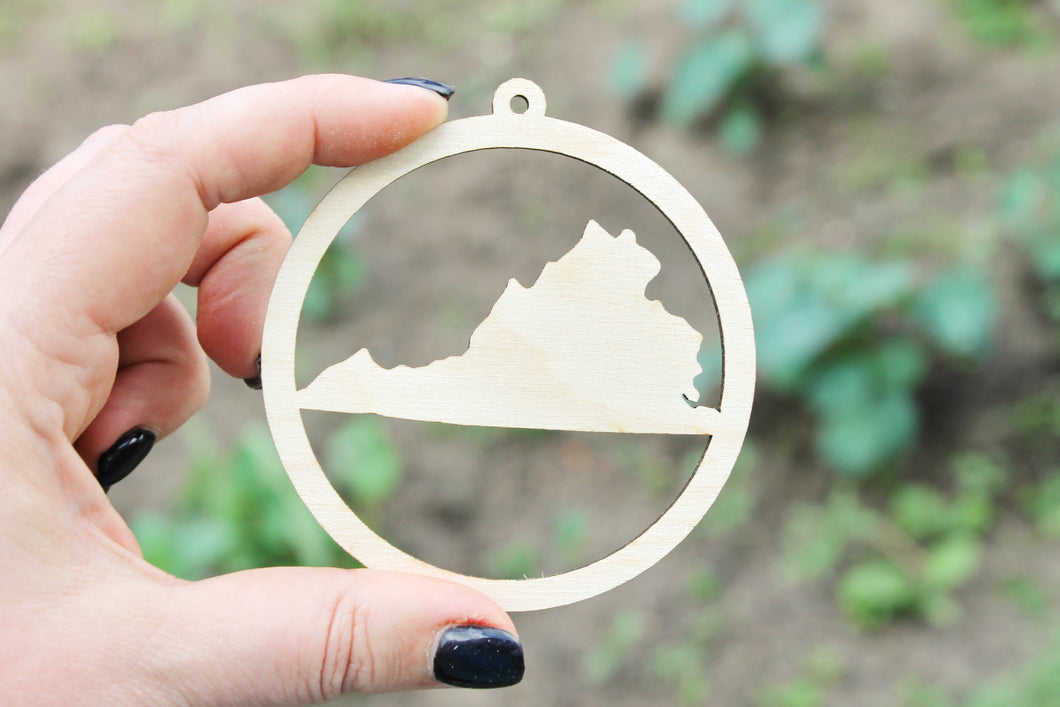 Virginia state pendant - Laser Cut - unfinished blank - 3.1 inches - Virginia Map Inside Circle