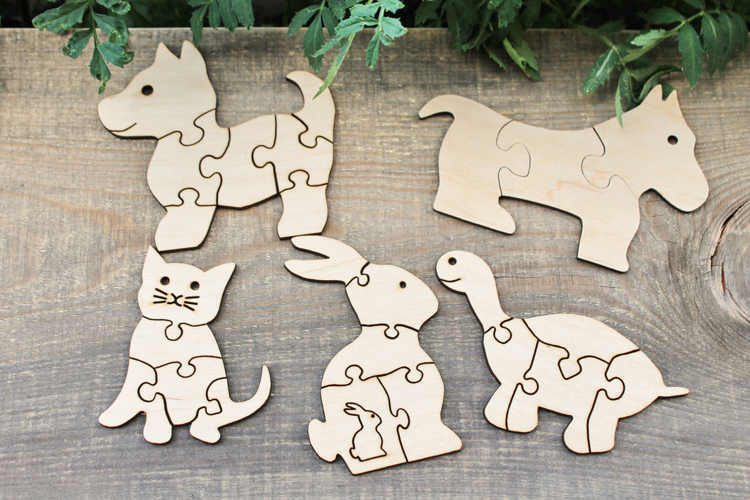 Set of 5 animals puzzle blanks - do it yourself puzzle - laser cut puzzle blank - Wooden Puzzle
