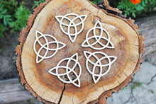 Load image into Gallery viewer, SET OF 5 Wooden Symbols shape pendant - Triquetra - Triple spiral - Spiral Goddess - earrings unfinished jewel base, jewel supply
