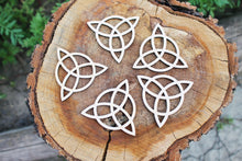 Load image into Gallery viewer, SET OF 5 Wooden Symbols shape pendant - Triquetra - Triple spiral - Spiral Goddess - earrings unfinished jewel base, jewel supply
