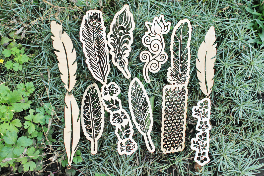 Feather bookmark - laser cut unfinished 6.3 inches - Wooden bookmark feather patterned - made of plywood