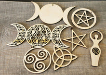 Load image into Gallery viewer, Wooden Symbols shape pendant - Pentagram - Pentalpha - Pentangle - Pentacle - pagan symbols unfinished base, wooden supply
