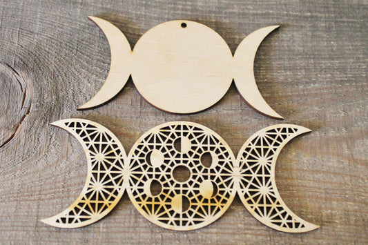 Wooden Symbols shape pendant - Triple moon - Moon phases - Triple Goddess - pagan symbols unfinished base, wooden supply