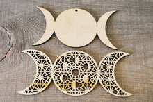 Load image into Gallery viewer, Wooden Symbols shape pendant - Triple moon - Moon phases - Triple Goddess - pagan symbols unfinished base, wooden supply

