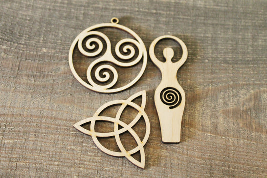 SET OF 5 Wooden Symbols shape pendant - Triquetra - Triple spiral - Spiral Goddess - earrings unfinished jewel base, jewel supply