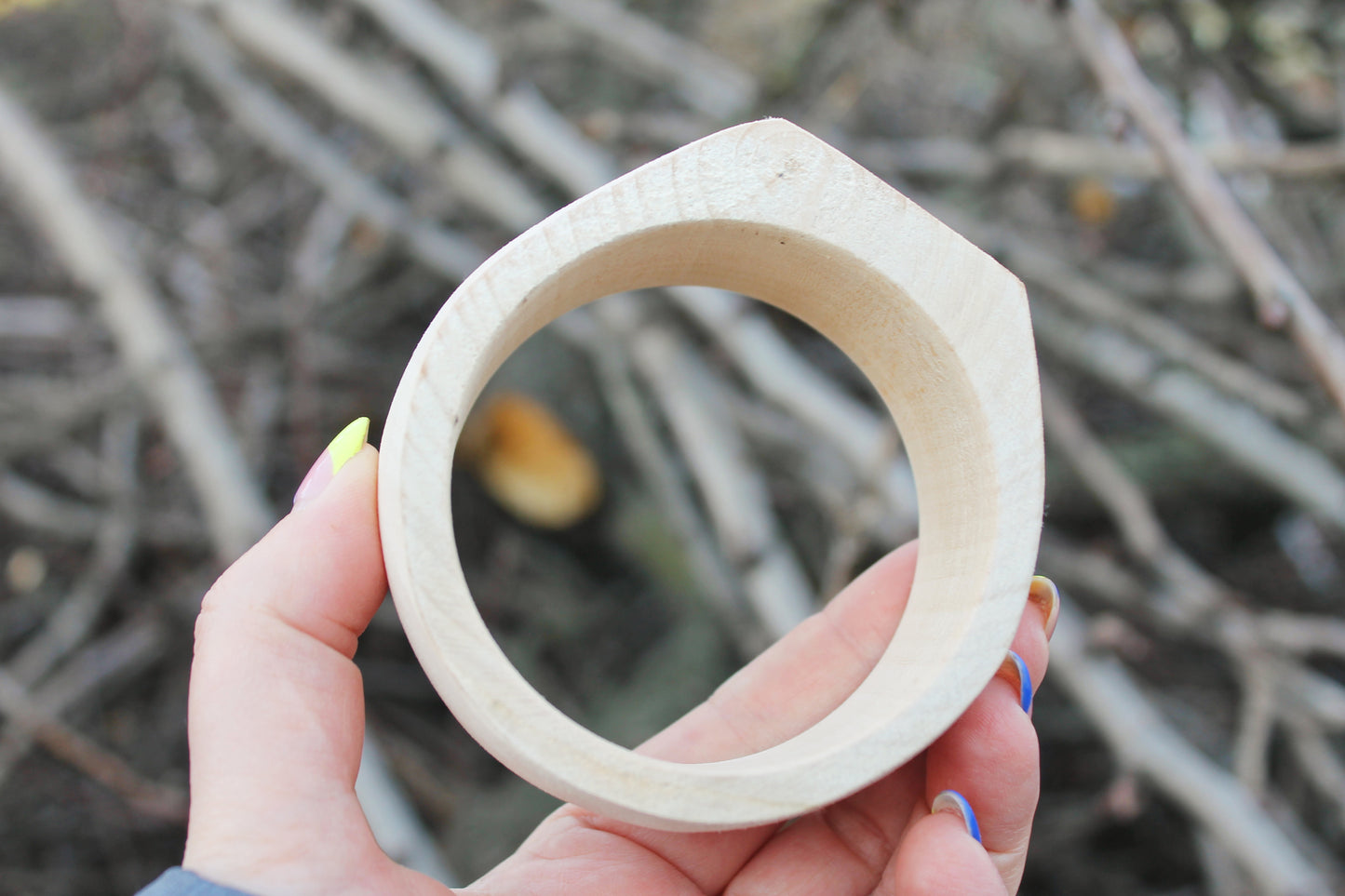 35 mm Wooden bangle unfinished round with two corners on the top - natural eco friendly