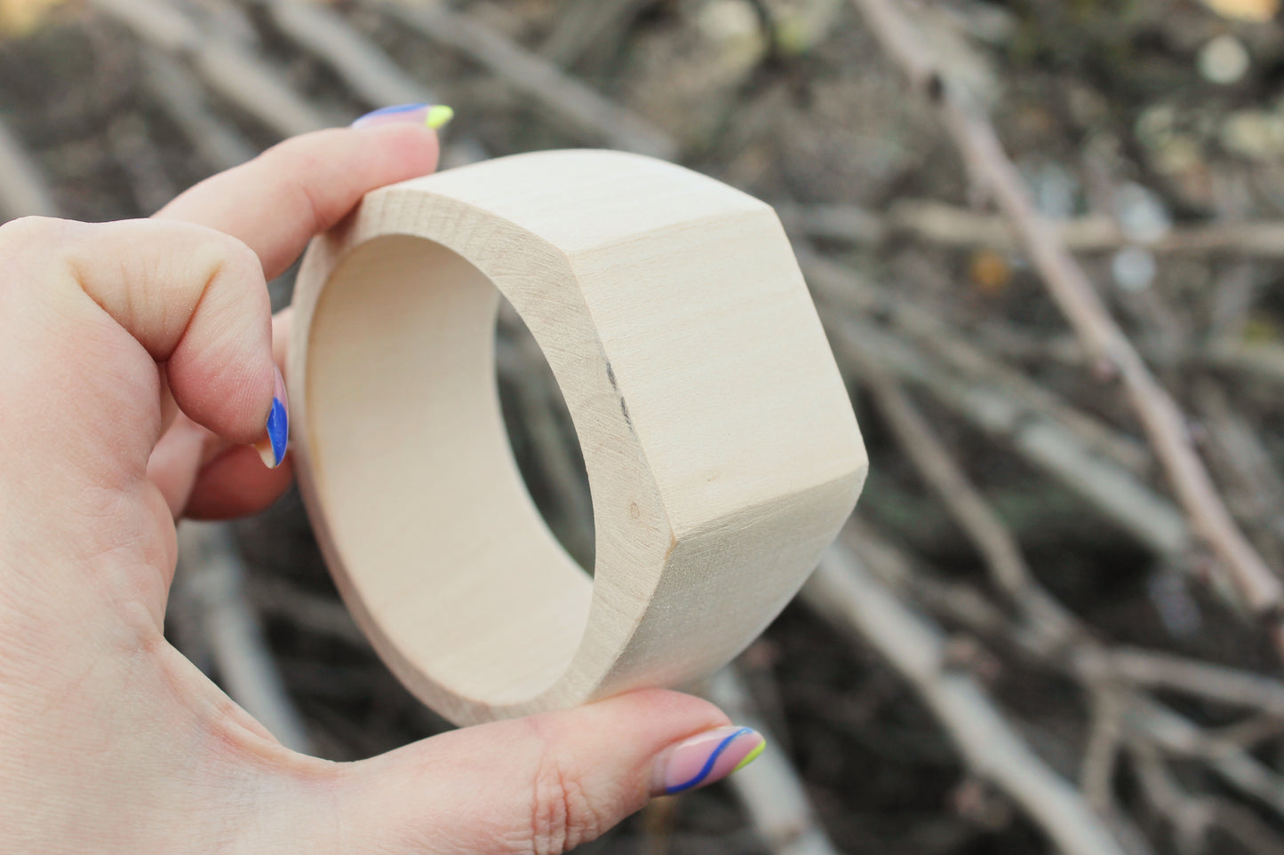 35 mm Wooden bangle unfinished round with two corners on the top - natural eco friendly