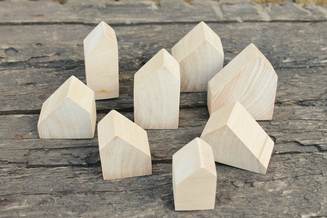 Wooden houses set of 8 solid linden wood - unpainted natural wood, DIY, wooden toys, wooden decorative houses