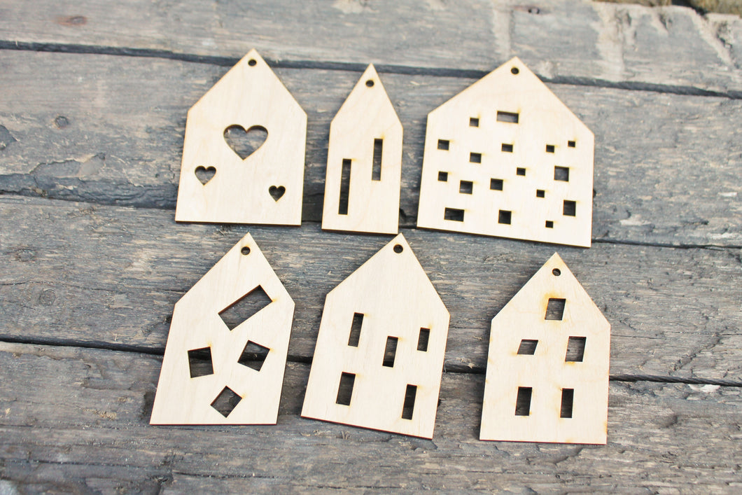Set of 6 Wooden houses Laser Cut - unfinished blank - 3.9 inches - Home Decor - Laser cut wood - plywood