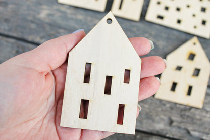 Set of 6 Wooden houses Laser Cut - unfinished blank - 3.9 inches - Home Decor - Laser cut wood - plywood