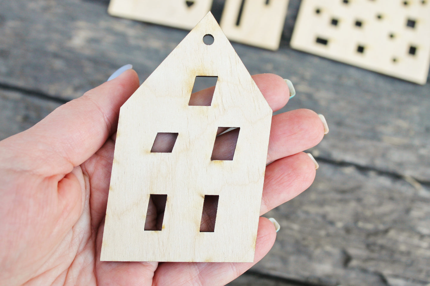 Set of 6 Wooden houses Laser Cut - unfinished blank - 3.9 inches - Home Decor - Laser cut wood - plywood