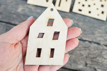 Load image into Gallery viewer, Set of 6 Wooden houses Laser Cut - unfinished blank - 3.9 inches - Home Decor - Laser cut wood - plywood
