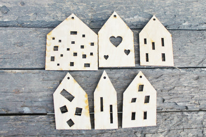 Set of 6 Wooden houses Laser Cut - unfinished blank - 3.9 inches - Home Decor - Laser cut wood - plywood