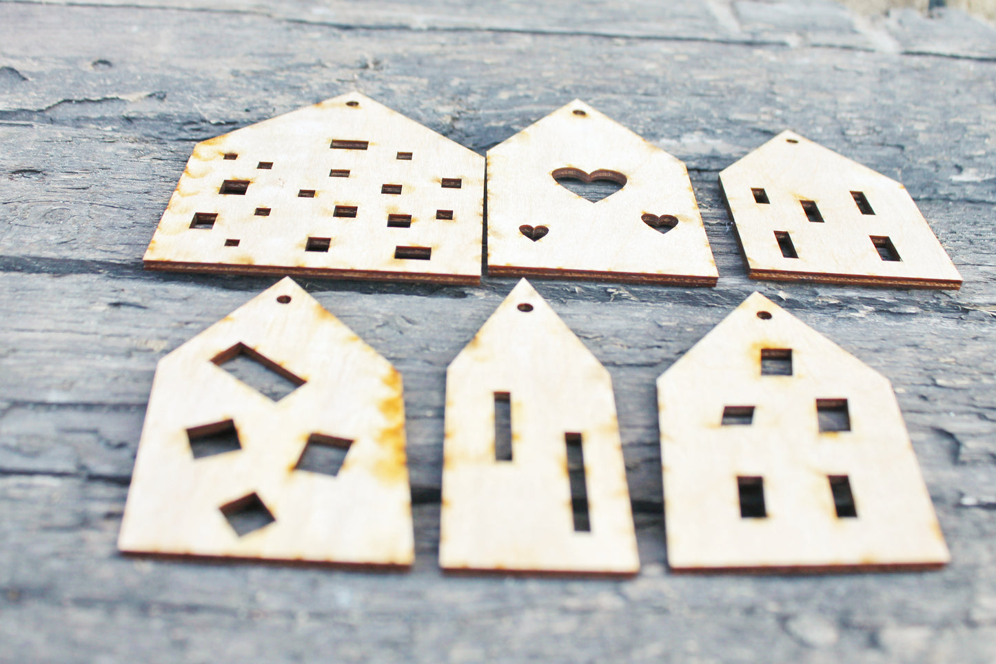 Set of 6 Wooden houses Laser Cut - unfinished blank - 3.9 inches - Home Decor - Laser cut wood - plywood