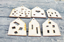 Load image into Gallery viewer, Set of 6 Wooden houses Laser Cut - unfinished blank - 3.9 inches - Home Decor - Laser cut wood - plywood
