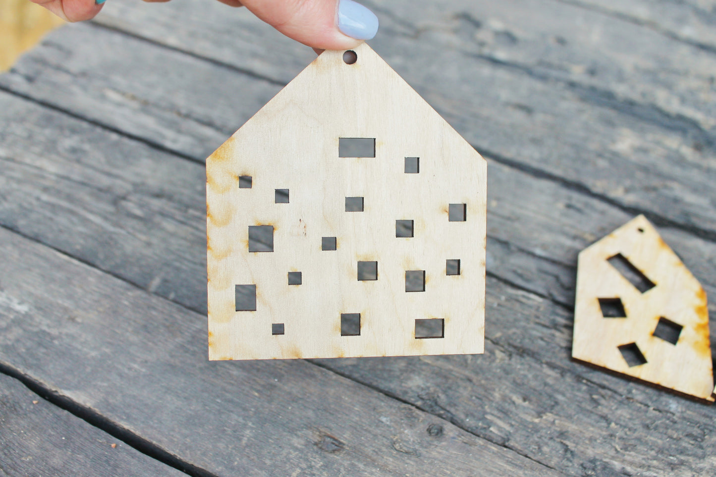 Set of 6 Wooden houses Laser Cut - unfinished blank - 3.9 inches - Home Decor - Laser cut wood - plywood