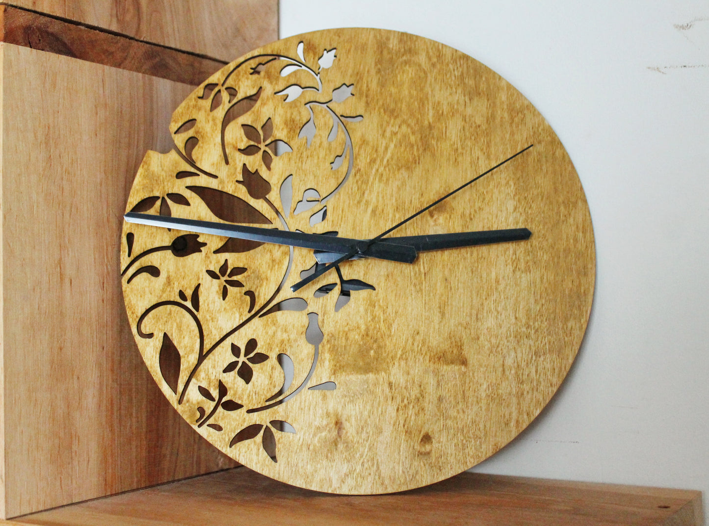 Wooden floral clock - walnut color - 300 mm - 11.8 inches - light and ready to ship - handmade clock - Silent clock mechanism