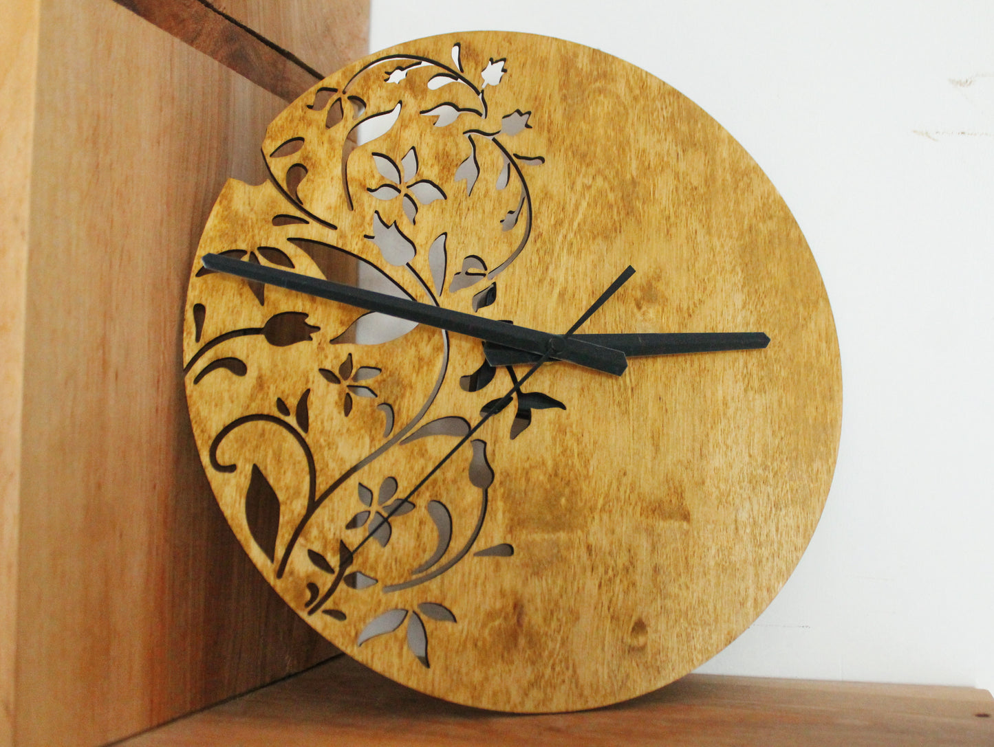 Wooden floral clock - walnut color - 300 mm - 11.8 inches - light and ready to ship - handmade clock - Silent clock mechanism